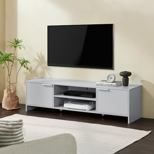 [en.casa] Fernsehschrank Stevns TV-Lowboard Fernsehtisch Fernsehkommode Hellgrau mit 2 Ablagefächern und 2 Türen 145 x 38 x 40 cm mit 2 Kabeldurchlässe für Wohnzimmer