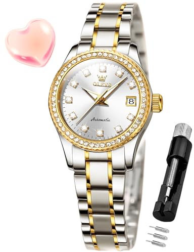 OLEVS Damen Automatikuhr Diamant Mode Luxus Kleid Mechanische Selbstaufzug Edelstahl Damen Armbanduhr für Frauen Leuchtend Wasserdicht, 7003-Weiß, uhren für damen
