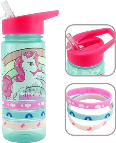 HOVUK Unicorn Water Bottle for Girls– 500ml Straw Sipper Kids Drink Bottle BPA-Free, Leak-Proof, Popup Straw Lid Bottle for Kids, School Picnic 3+Years