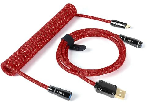 ZIYOU LANG & ATTACKSHARK C05 Cable de teclado mecánico en espiral personalizado Conector de aviador desmontable de cobre CNC trenzado de doble manga 1,6M USB-C a USB-A para teclado/PC/teléfono (Rojo)