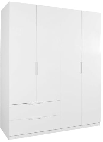 Composad Armoire de la ligne Espresso avec 4 portes et 2 tiroirs, armoire de rangement, peu encombrante, pour chambre à coucher, buanderie, (LxHxP) 162,2 x 200 x 58,2 cm, couleur blanc laqué, fabriqué
