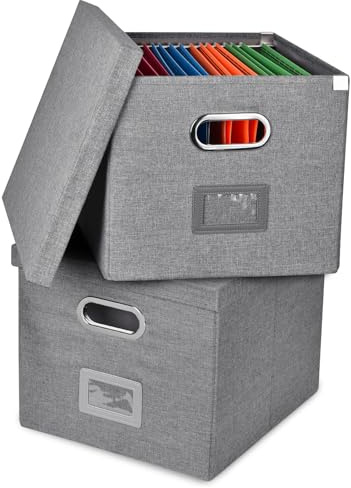 Umtiti 2 PCS Ablageboxen mit Deckel, Upgrade Hängemappenbox aus Faserplatte und Papier in stilvoller Leinenoptik，Dunkelgrau,FGSH-S-2PCS-DE
