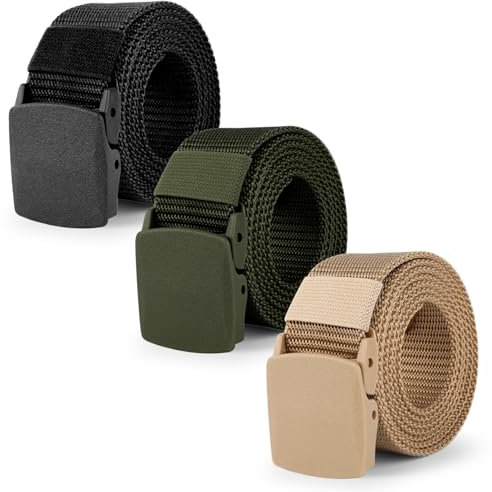 3 Piezas Cinturón de Nylon Con Hebilla Plástico Para Hombre - Cinturón de Lona Ajustable Sin Agujeros 150cm Para Trabajo y Uso Diario