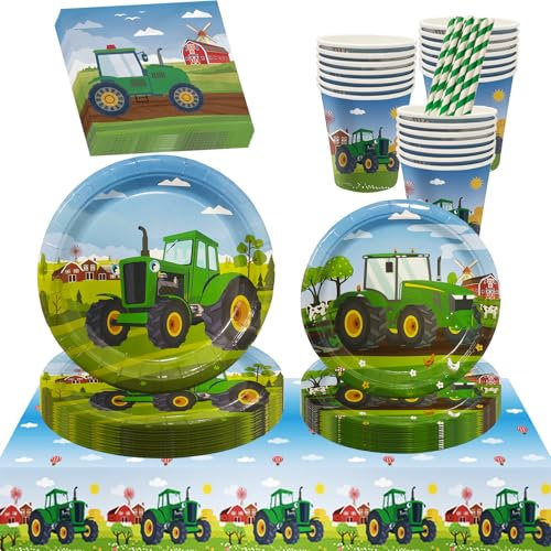ERAOLIAE Tractor Party Tableware Set, Tractor Party Plates for 20 Guests, Tractor Birthday Tableware, Tractor Paper Plates, Napkins, Cups for Children's Birthday Party Decoration, Pack of 101