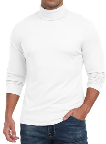QIXING Mens Long Sleeve Thermal Underwear Tops Turtleneck Thermal Winter Warm Shirts for Mens Basic Layer Tops(White, L)