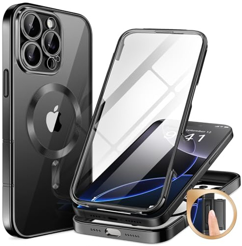 BERFY Magnetic for iPhone 16 Pro Max Case, Compatible with MagSafe, [Built-in 9H Tempered Glass Screen Protector & Upgraded Camera Protection]Full Body Plating Phone case for 16 Pro Max，Titanium Black