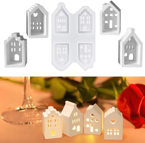Norhogo 4 Stück Silikonformen Gießformen Häuser, Mini Silikonform Haus Gips Zum Gießen, silikonformen gießformen haus, mini häuser, gießform häuserfür Kerzenherstellung Handgefertigte Seife Handwerk
