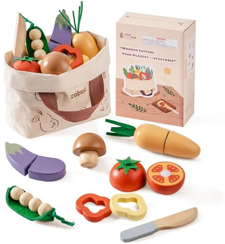 ROBUD Holzspielzeug Lebensmittel Set, Gemüse Schneiden Kinderküche Zubehör Spiel-lebensmitteln für Kinder Spielset mit Aufbewahrungstasche, Geschenke für Kinder Spielzeug ab 3 Jahre, Gemüseset