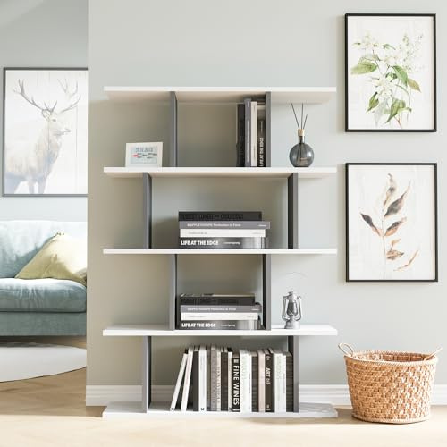 Hanah Home Modern Scandinavian Bookshelf, White & Anthracite, 90 x 25 x 127.4 cm | 100% Melamine Coated, 18 mm Thick, Wall-Mountable, Stylish & Functional Design