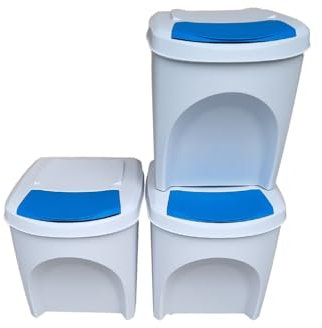 Stolmet Large Stackable Recycling Bins Set of 3x25L (Brand KrysGo) - Customizable Lids with Recycling Stickers - Waste Sorting for Home, Kitchen, Office (White + Blue)