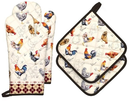 Arquiel Gants De Four & Maniques Champêtre Rooster Lot De 2, 100% Coton Maniques Cuisine Gant Four Anti Chaleur Extra-Longue pour Barbecue, Cuisine, Griller,Micro-Ondes