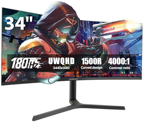 Monitor Curvo de 34 con Bocinas, 180Hz UWQHD 3440x1440 para Gaming, Pantalla Dividida, Contraste 4000:1, sRGB 126%, FreeSync G-SYNC, HDMI, DisplayPort, VESA, Altura Inclinación Giro Ajustable