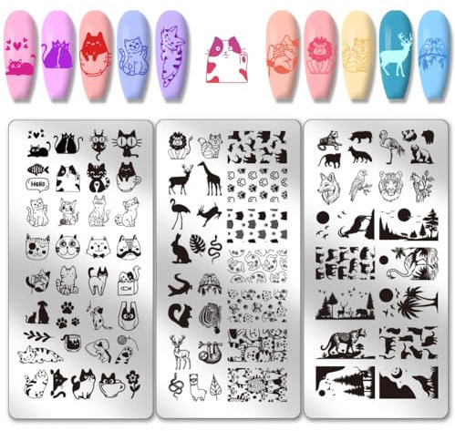 PH PandaHall 3pcs Animals Nail Art Templates, Cats Lion Tiger Nail Stamping Plate Wild Creatures Art Stencils Stainless Steel Image Plates for Women Nails Design Print Manicure Salon