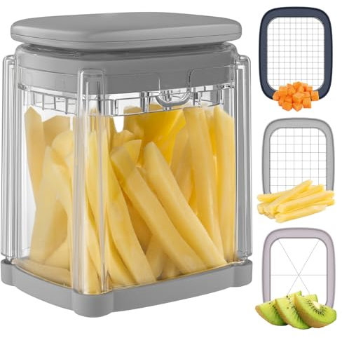 Vihoom Coupe Frites Manuel, Coupe Frite Rapide avec 3 Lames en Acier Inoxydable, Coupe Pomme de Terre pour Frite, Coupe Legumes Multifonctions Parfait pour Fruits et Légumes