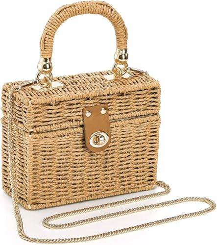 YEOVIBL Women's Handmade Wicker Basket Bag, Vintage Rattan Crossbody Bag, Boho Straw Handbag with Detachable Shoulder Strap for Summer, Beach, and Casual Outings