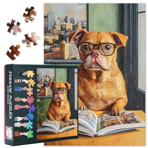 1000-piece puzzle - Dog with Glasses Reading a Book, a colorful puzzle game. Easy-to-solve puzzle for adults and children ages 9 and up. Finished size: 50x70cm