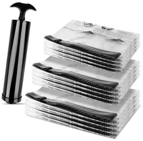 Bolsas de Vacio para Ropa, 12 Piezas Bolsas de Almacenaje al Vacio con Bomba Manuales (4L + 4M + 4S), Vacuum Storage Bags Reutilizable para Ropa y Edredones