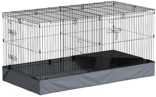PawHut Kleintierkäfig mit Rampe Trennwand für Kleintiere Stahl Schwarz | Nagerkäfig, Kaninchenkäfig mit Abnehmbarem Verdeck, Stoffboden, Meerschweinchenkäfig