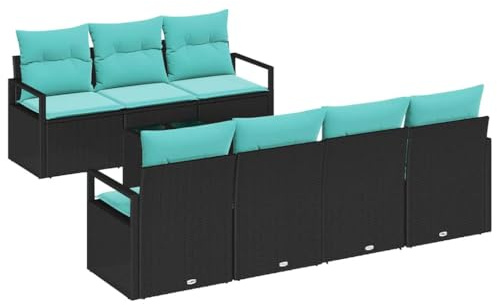 vidaXL Sofa Set mit Kissen 8 pcs Schwarz und Türkis Poly Rattan, Elegantes Gartensofa-Set, Moderne Loungemöbel, wetterfestes Rattan, stilvolle und praktische Sitzlösungen