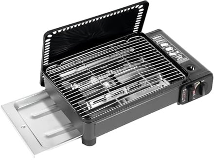 Gaskocher 2 Brenner | Gas Grill Herd mit Piezozündung, Grillnetz & Ölpinsel | Camping Kocher Set für Picknicks/Reisen | Lebensmittelklammer & Backblech