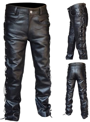 Pantalon en cuir avec laçage latéral - Pour homme - Lacé sur le côté - En cuir de vachette - Décontracté - Noir - Pantalon de moto - Pantalon softshell