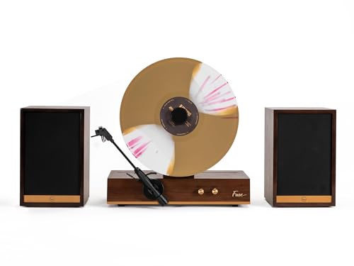 Fuse GLD Plattenspieler aus Vinyl, vertikal, mit Lautsprechern, goldener Rand, Bluetooth 5.3, externe Vollbereich-Lautsprecher, Premium-Kartusche, moderner Vintage aus der Mitte des Jahrhunderts, Holz