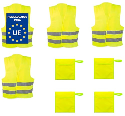 Deliex delicias de Extremadura Pack 4 Chalecos Reflectantes Amarillos Homologados y 4 Fundas - Talla única - Chaleco homologado DGT - Certificado ISO