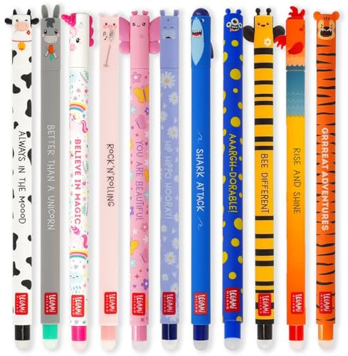 Legami - Lot de 11 stylos gel effaçables avec pointe de 0,7 mm, couleurs d'encre assorties et designs d'animaux - Cour de ferme, Tigre, Papillon, Requin, etc