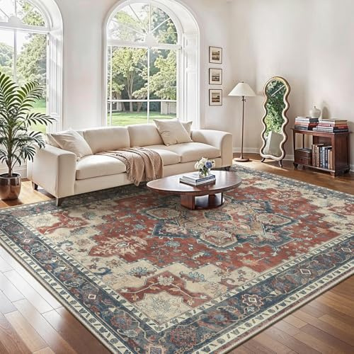 GENIMO Vintage Groß Rot Teppich Wohnzimmer 240x300cm Waschbar & rutschfest | Waschbarer Retro Teppich,Weich,Rutschfest Kurzflor,für Wohnzimmer,Schlafzimmer, Esszimmer,Büro,Carpet,Teppiche