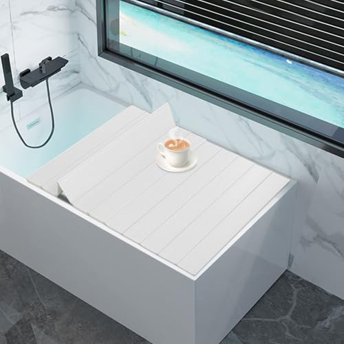 Mqwdxzfes Faltbare Badewannenabdeckung 170x75cm, Weiße Holzoptik Badewanne Abdeckung mit Tablet-Halter, Wasserdicht PVC Badewanne Brett Tablett Badewannenablage Dämmplatte für Haus Badezimmer SPA