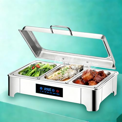 Aocay Chafing Dish Elettrico 9L Temperatura Regolabile(1/3 Pan) | Professionale Scaldavivande Elettrico per Buffet Acciaio Inox, con Coperchio in Vetro per Catering, Hotel