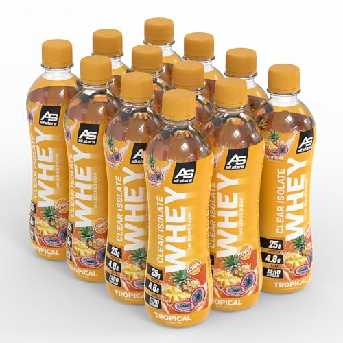 ALL STARS Clear Isolate Whey Protein Drink, 12 x 500 ml, Tropical | Clear Whey Protein, 25g Whey Isolat, laktosefrei, ohne Zucker, fettfrei, 110 kcal, Fertiggetränk für Training und Alltag