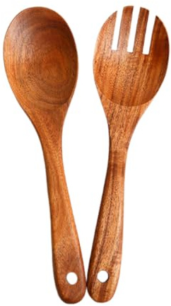 GYCAQAC Posate da insalata in legno, 2 pezzi, Cucchiaio per Insalata, forchetta per Insalata, manico lungo, stoviglie rustiche, utensili da cucina, Cucina Miscelazione per Insalata, Pasta, Frutta