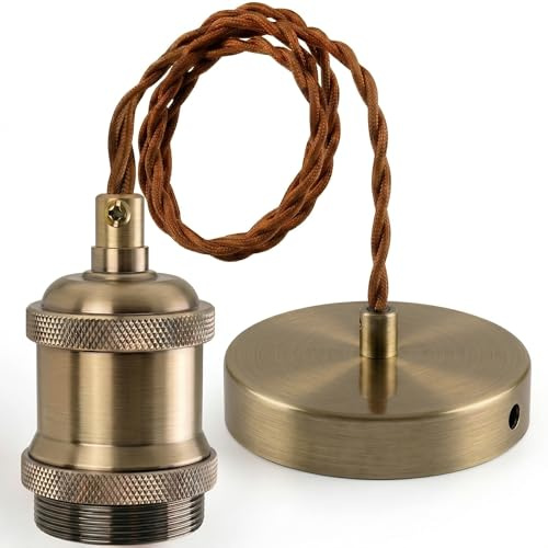 HUIBONA Vintage Retro Ceiling Pendant Light Fitting,1.5M Twisted Braided Flex,E27 Lamp Holder Suspended Pendant Light Fitting Kit Antique Brass