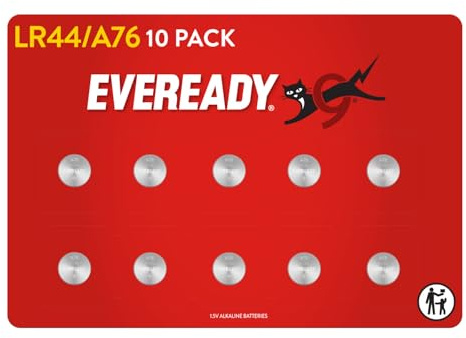 Eveready by Energizer LR44 Batteries (10 Pack) - A76 Button Cell Battery | 1.5V Alkaline Toys, Watches, TV Remotes, Security Systems, Home & Medical Devices - Child Resistant Packaging