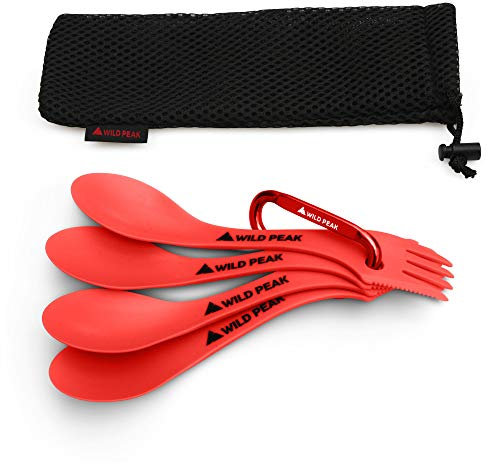 Wild Peak Contour Clip Plastic Spork - Lightweight & Strong All in one Spoon, Fork, Knife Cutlery Includes Carabiner Clip & Storage Bag ▲ (Fire Red, 4 Pack)