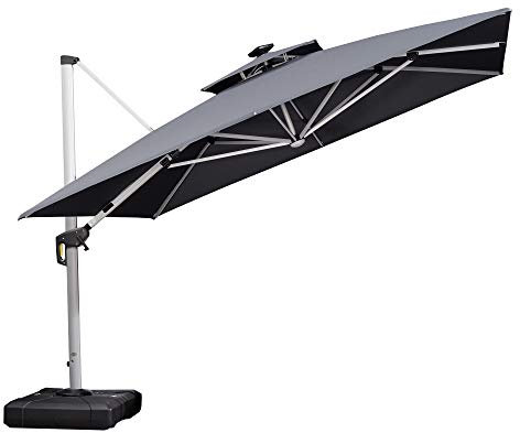 PURPLE LEAF 3.3 X 3.3 M Garden Cantilever Parasol with Led Solar Lights Bar, Large Square Overhanging Patio Umbrella with Crank Handle and Tilt for Balcony and Outdoor, Gray