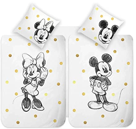 Disney Home Mickey & Minnie Partnerbettwäsche Set, 2xBettbezug 135x200-2xKopfkissenbezug 80x80 - Super weiche Renforce 100% Baumwolle, 4-teilig Bettwäsche Set, Weich und angenehm auf der Haut