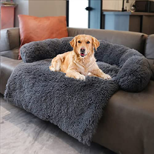 Funecho wasserdichte beruhigende Hundebettmatte, Haustier-Couchschutz, Couchabdeckung für große, mittelgroße Hunde, waschbares Haustierbett mit Schaumstoff-Nackenrolle, dunkelgrau groß