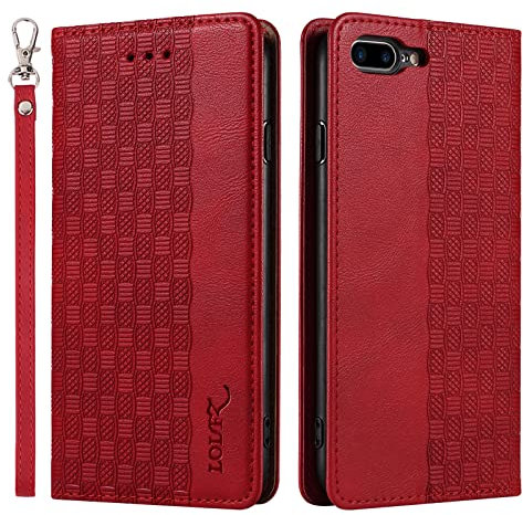 LOLFZ Case for iPhone 7 Plus iPhone 8 Plus, Leather Flip Wallet Case Card Slots Kickstand Wrist Strap Protective Magnetic Phone Case Cover for Apple iPhone 7 Plus/8 Plus - Red