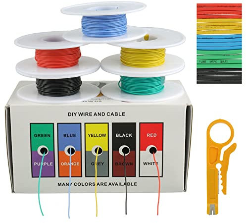 BOJACK 30 AWG Silikonkabel-Set, Verzinnter Kupferlitzendraht 300 V Silikon Elektrischer Draht Kabel Kit 20 φ2mm Schläuchen (5 Farben, je 10 Meter, 30 AWG), Für DIY Modelle Haushaltsgeräte Usw
