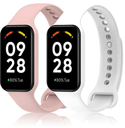 KeeFos 2 Pezzi Cinturino per Xiaomi Smart Band 8 Active/Redmi Smart Band 2, Silicone Morbido Regolabile Cinturino di Ricambio per Xiaomi Smart Band 8 Active/Redmi Smart Band 2 - Bianco+Rosa