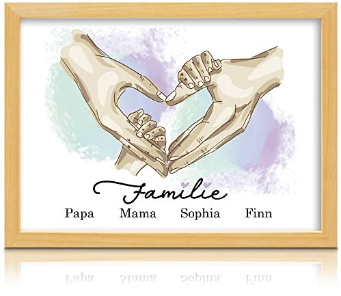Milaboo® Familienposter personalisiert Herzhände A4 I besonderes Geschenk zur Geburt, Taufe, Mama, Papa, Oma und Opa I (4 Hände neutral Ohne Bilderrahmen)