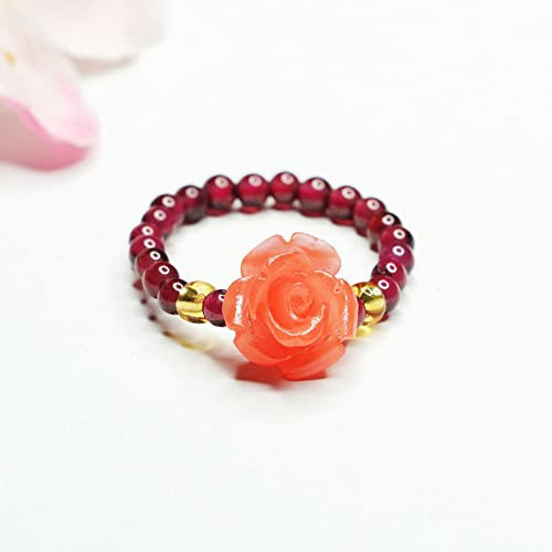 Anneau De Pierre Roses Sculptées Grenat Pierre Naturelle Bague Femmes Bague Réglable Vintage Simple Élégante Bague Fête des Mères Cadeau Bijoux pour Femme Petite Amie Maman