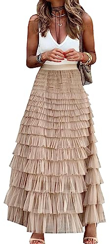 Gratoryna - Falda Larga de Tul para Mujer con diseño de línea A, Volantes de Malla, Cintura Alta, Falda escalonada y en Capas, Caqui, M