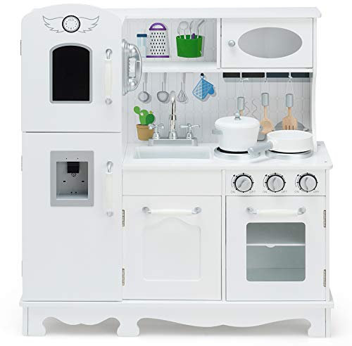 COSTWAY Kinderküche mit Licht & Sound, Kinder Spielküche Holz mit Tafel & Kühlschrank, inkl. Spielzubehör, Spielzeugküche für Kinder ab 3 Jahre, weiß, 79 x 30 x 88,5cm