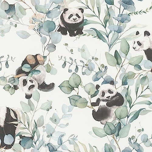 Rasch Tapete 301144 - Helle Vliestapete mit Eukalyptus und Pandas in Aquarell-Optik; Kinderzimmer-Tapete - 10,05m x 0,53m (LxB)