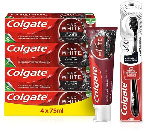 Colgate Max White Charcoal Zahnpasta & Zahnbürste - Aktivkohle für weißere Zähne, 4x Zahnpasta & 1x Zahnbürste