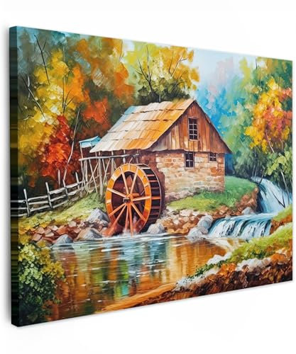 MuchoWow© Leinwandbild 80x60 cm Dekoration Wohnzimmer Bilder Aufhängen Wall Decoration Living Room Wohnungs Deko Moderne Kunstdruck - Bunt - Landschaft - Malerei - Haus - Kunst - Herbst