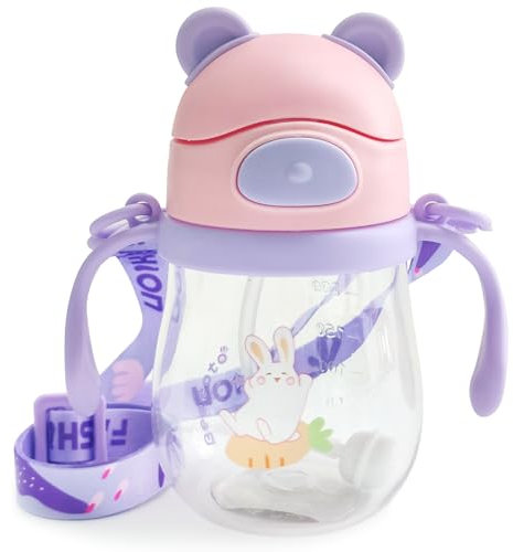 Alled Tasse Apprentissage Bebe, Biberon Eau Bebe Silicone pour Enfants de plus 6 mois, Tasse Paille Enfant Anti Fuite Gobelet Bebe avec Poignée Cordon 250ml